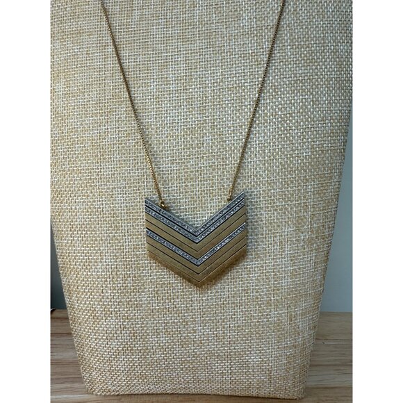 Madewell Chevron Pendant Long Necklace Gold & Silver-Tone Mixed Metal With Rhine - Picture 12 of 12